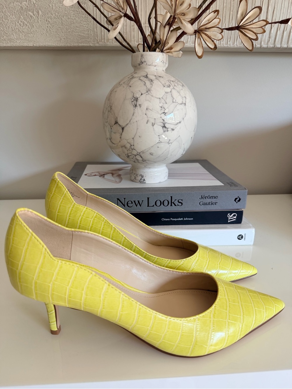 Nine West Yellow Croc-Embossed Pointed-Toe Pumps